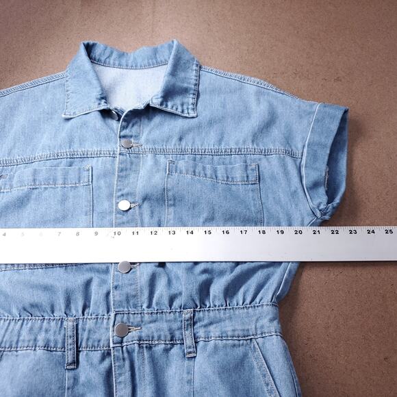 Denim Coveralls Women M Light Blue Button Up Roll Sleeve Utility Casual Trendy - Picture 5 of 13